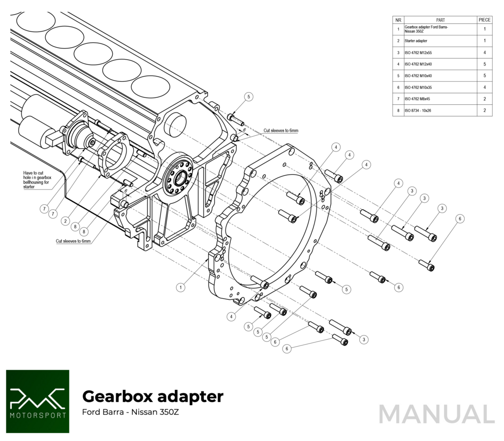 PMC Adapter sæt Ford Barra - Nissan 350Z Z33 370Z Z34 - 250mm / 9.84"