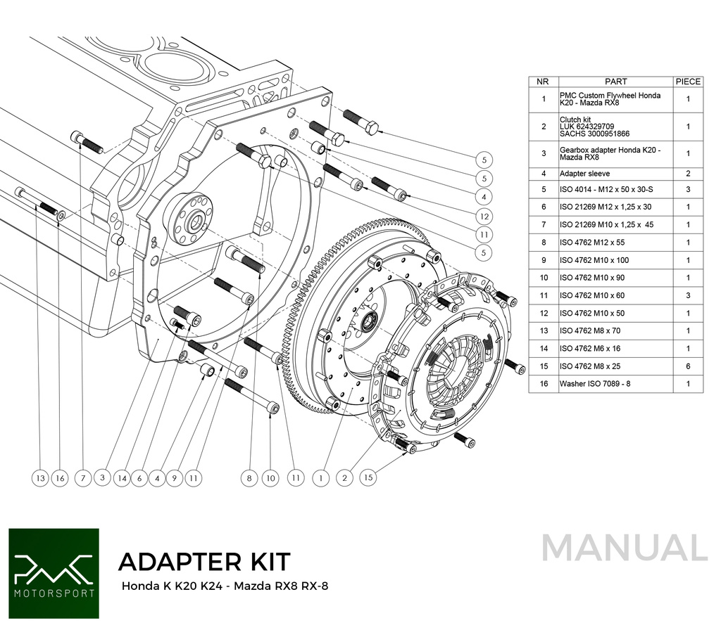 PMC Adapter sæt Honda K - Mazda RX-8 6-speed - 240mm / 9.45"