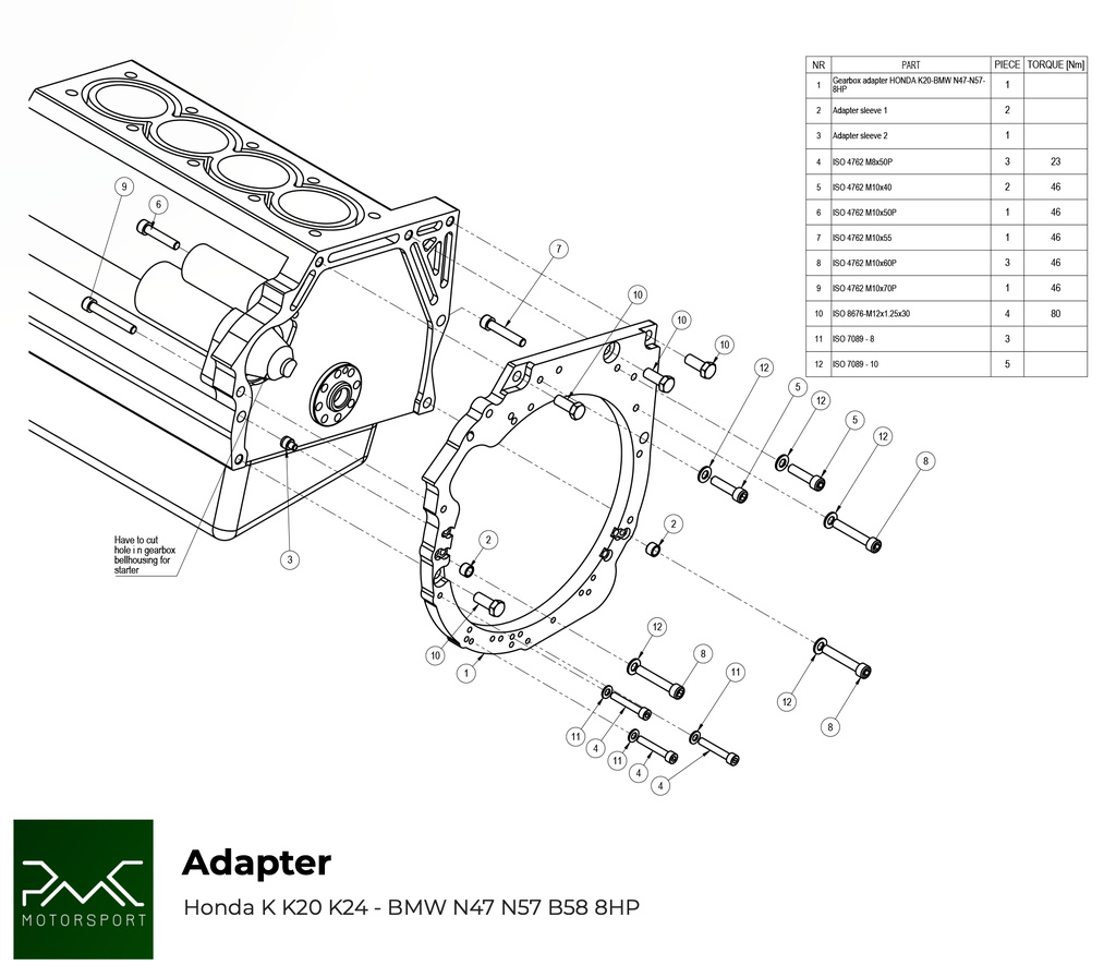 PMC Adapter sæt Honda K K20 K24 - BMW ZF 8HP70 N57 N57N  / ZF 8HP50 B58